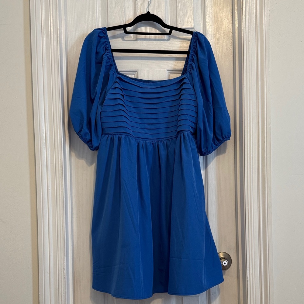 Blue cap sleeve dress with smocked back